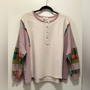 Easel Colorful Plaid Sleeve Oversized Henley Shirt